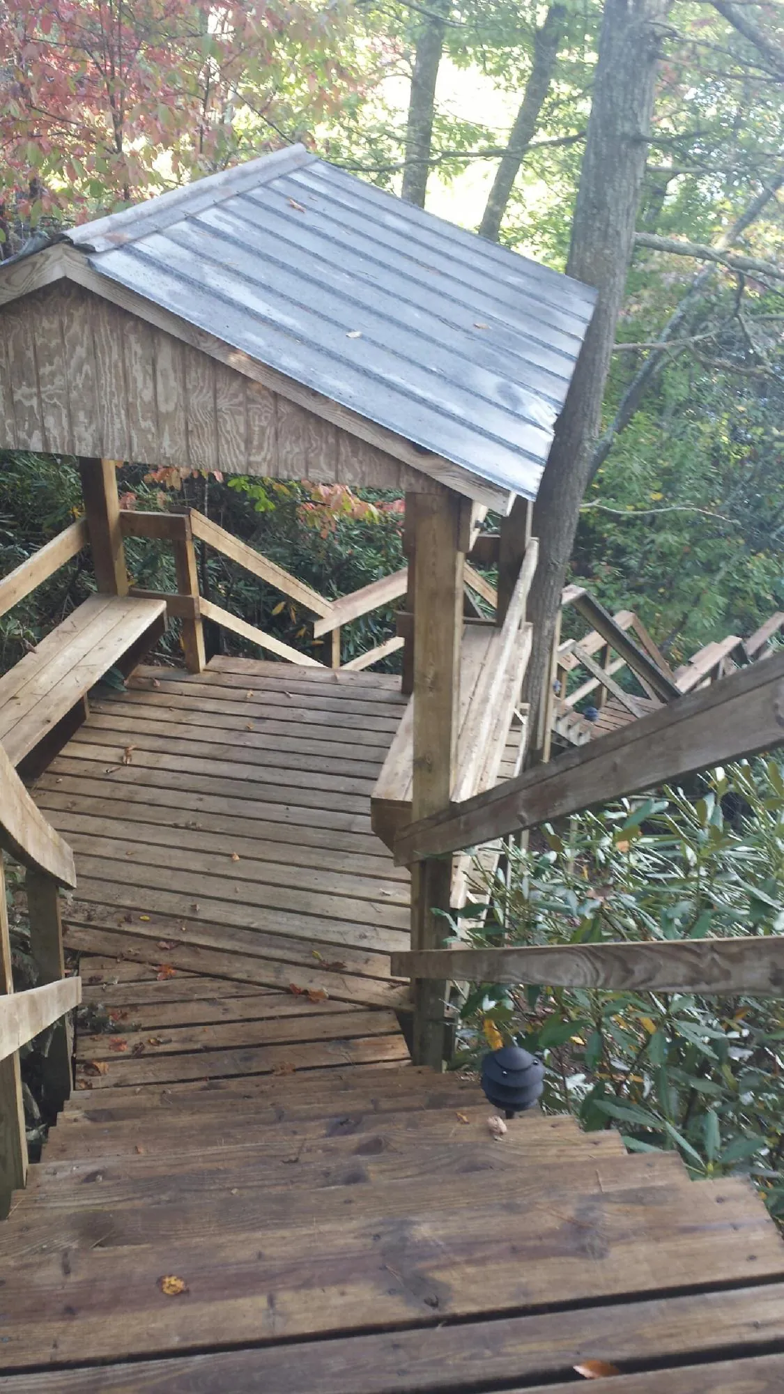 Metal roofed shelter over wooden steps on a wooded walkway — Skylight Repair & Installation work by our crew in Continental